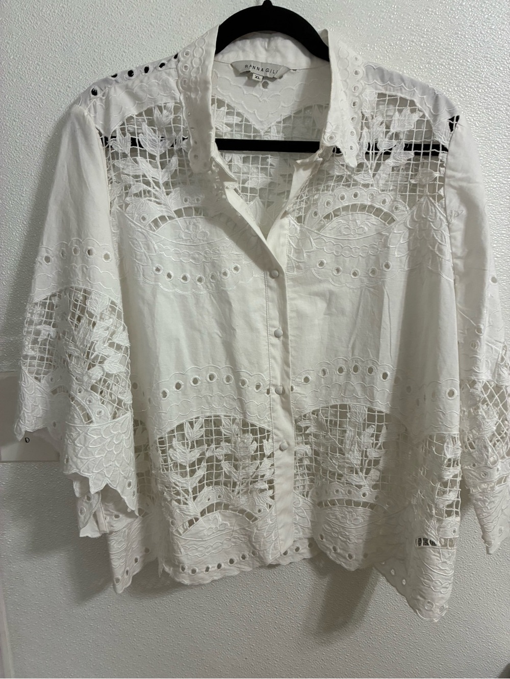 Ranna Gill Selena White Eyelet Lace Button-Down Top Anthropologie XL